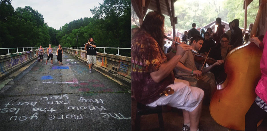 The gentle giant, James Olin Odin, played the pied piper on Bynum Bridge on the summer solstice in 2016. (left) When Hurricane Matthew struck Shakori in 2016, James Olin Odin and a bevy of musicians performed an impromptu jam on the Coffee Barn porch. (right)